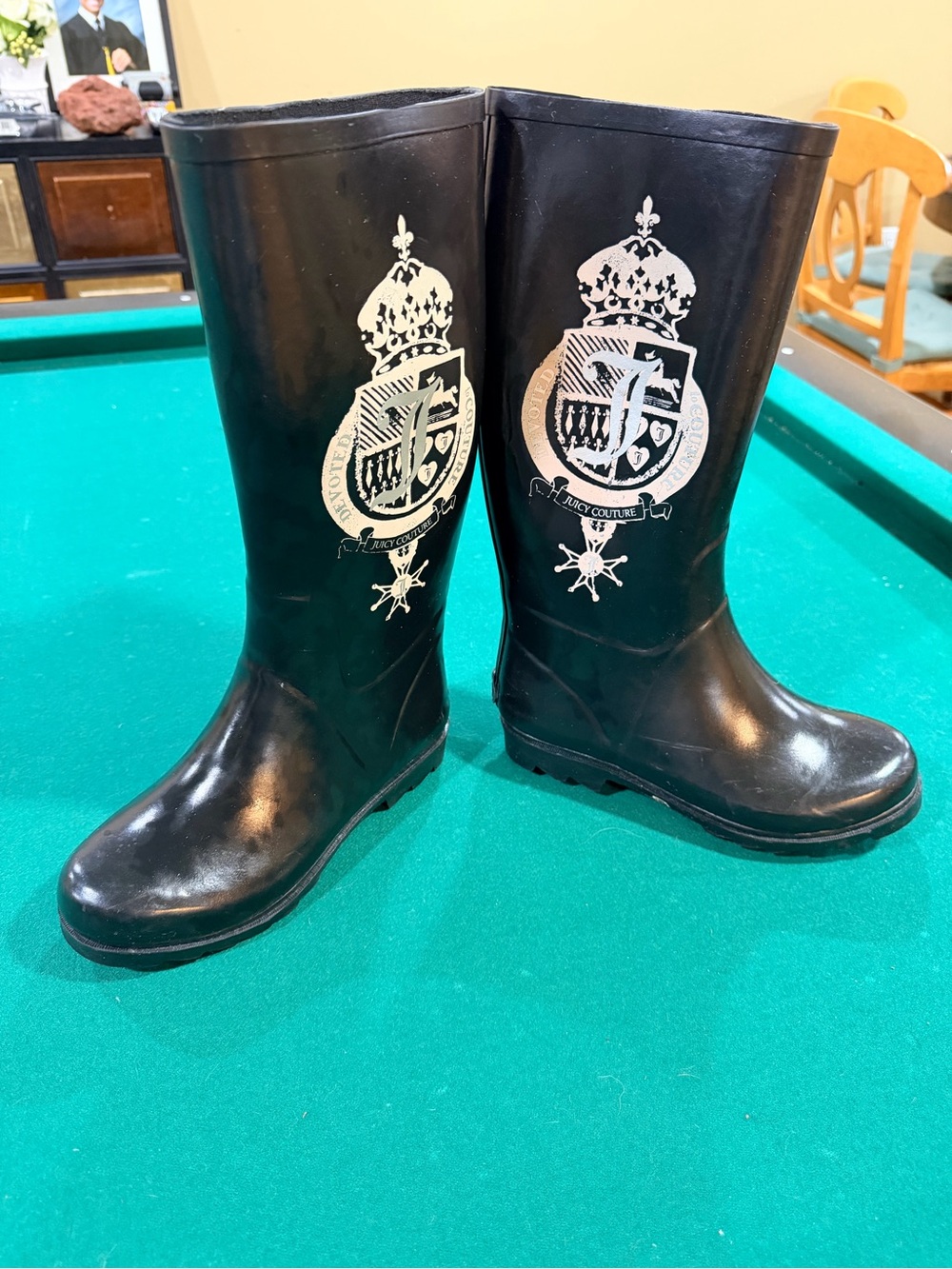 Juicy Couture Black Rain Boots with Tan Crest